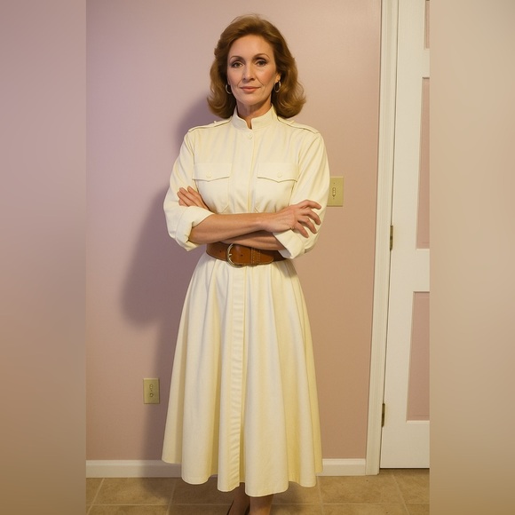 Anne Klein Vintage Cream Midi Dress with Short Sleeves